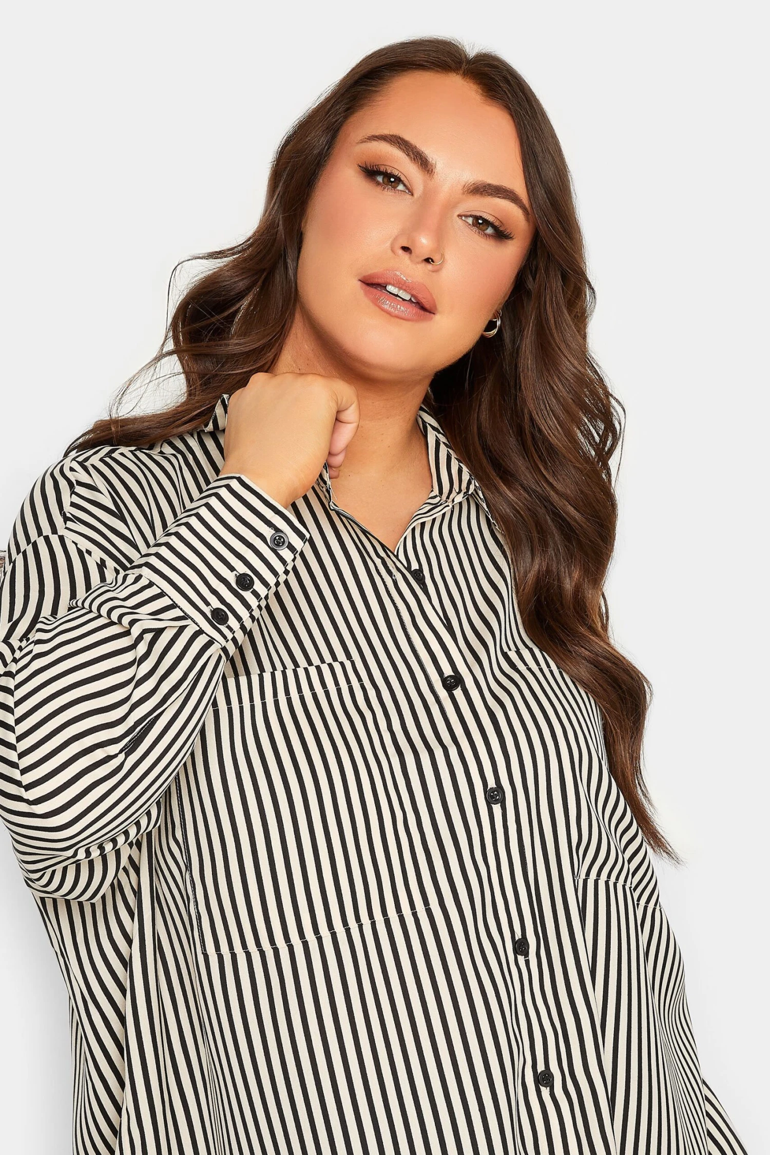 YOURS Curve Black & Cream Stripe Oversized Boyfriend Shirt - Image 3