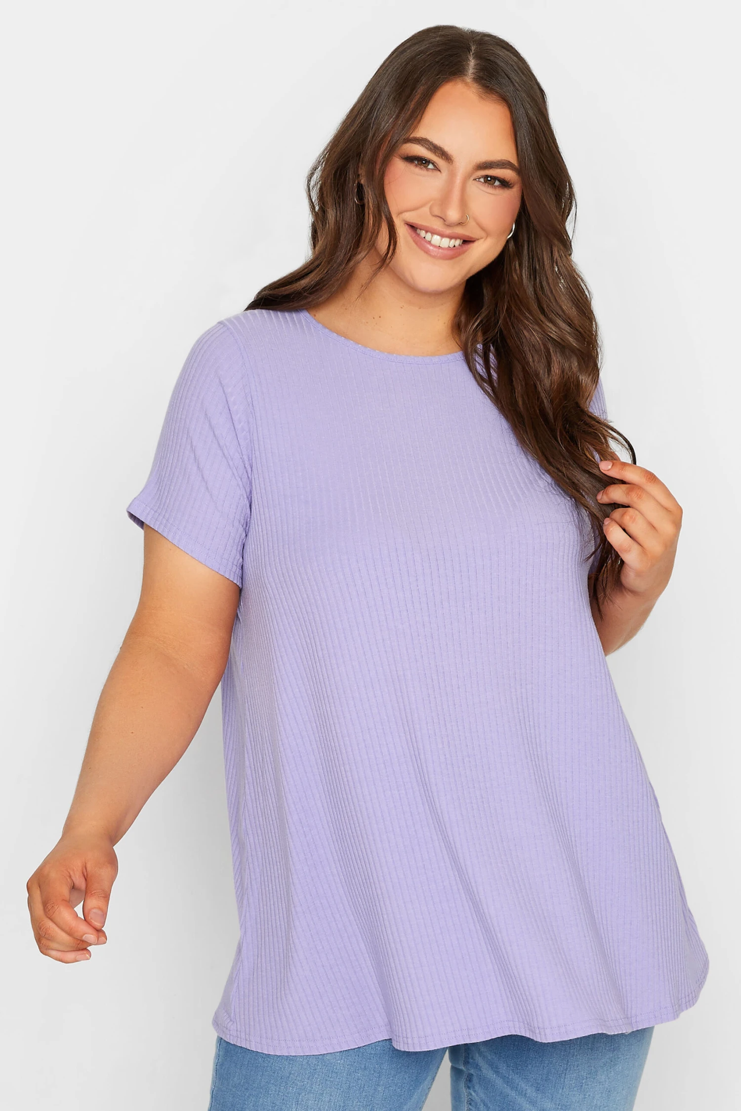 YOURS 2 PACK Curve White & Lilac Ribbed Swing T-Shirts