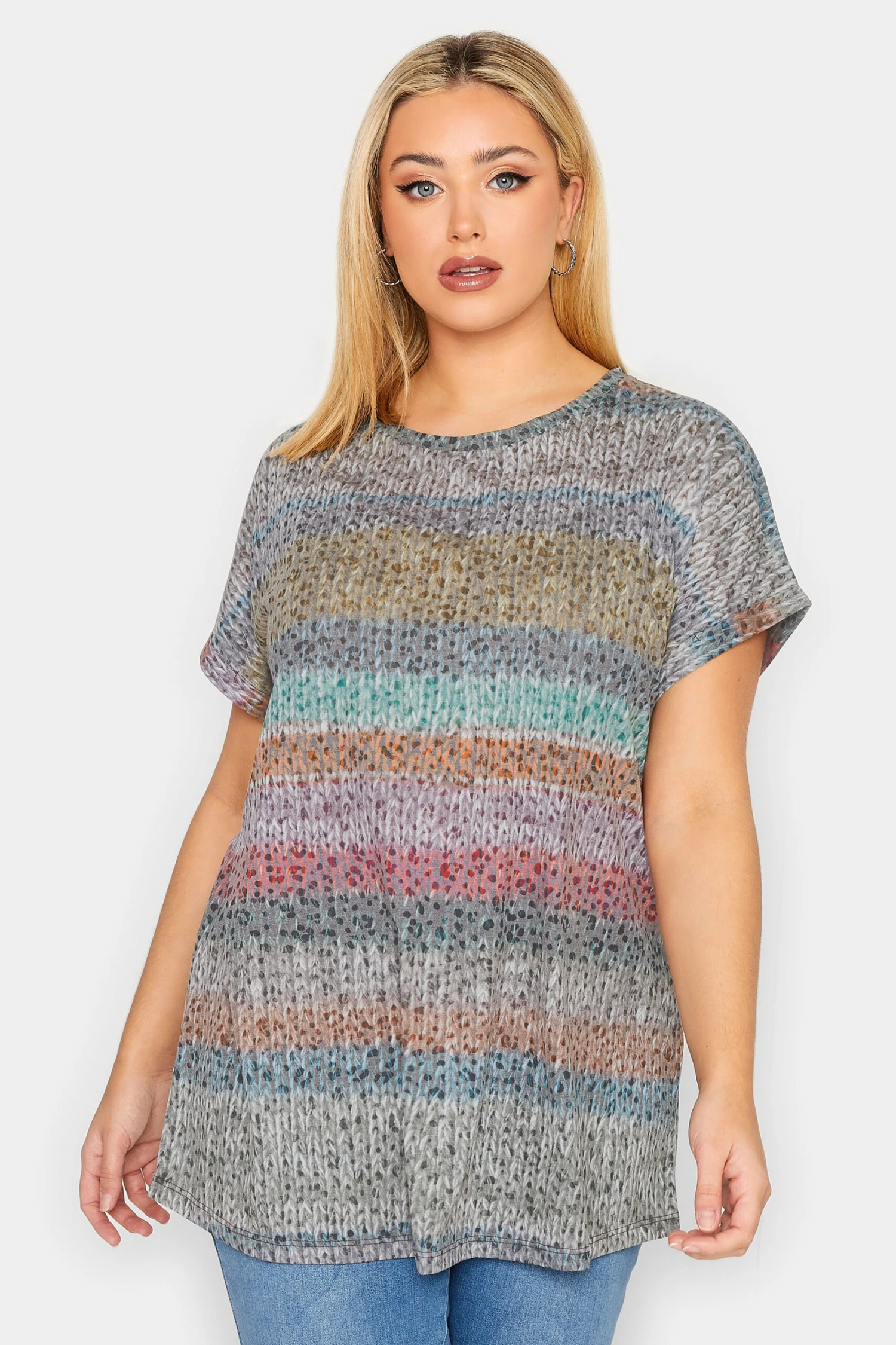 YOURS Curve Grey Stripe Animal Print T-Shirt - Image 6