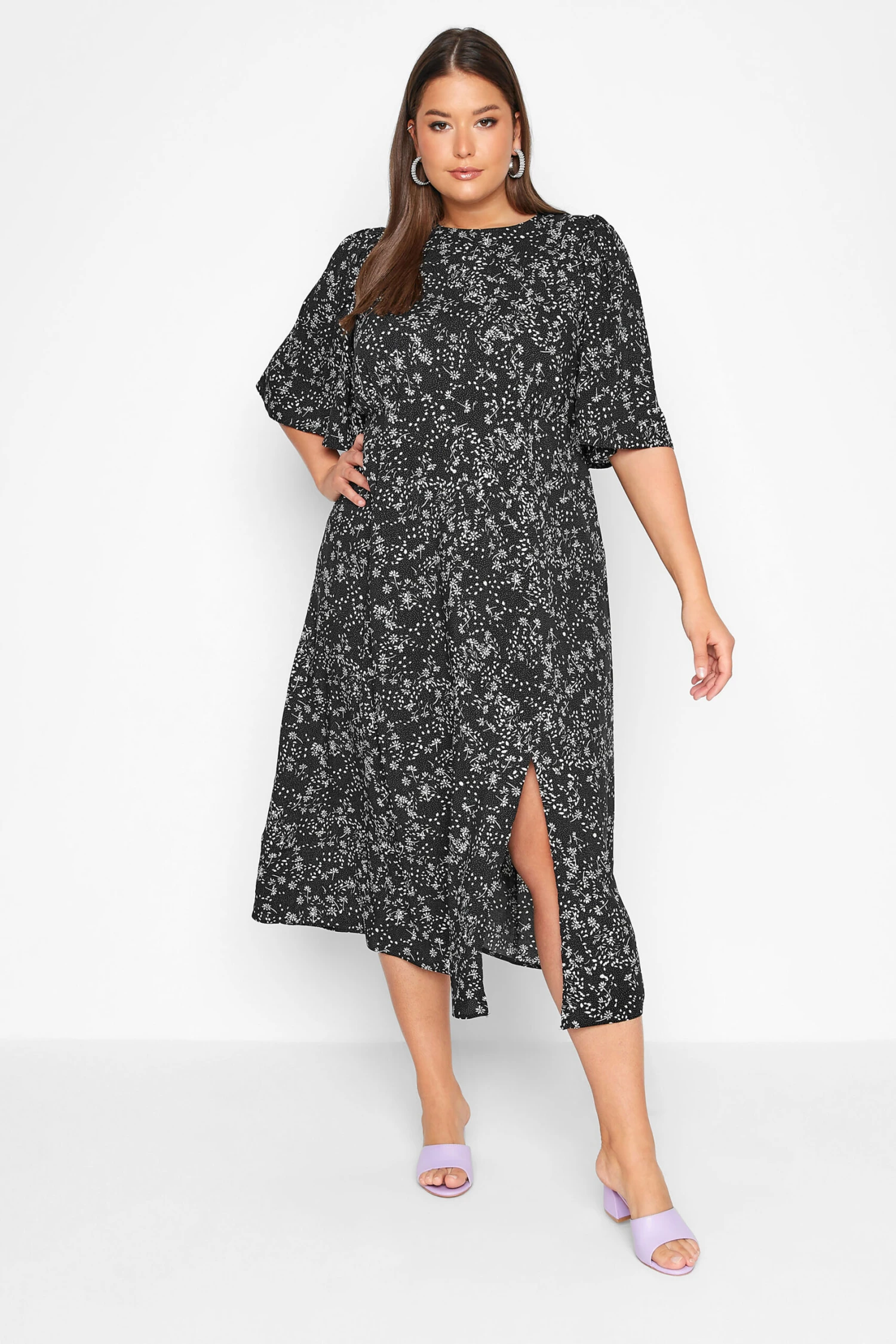 YOURS Curve Black Daisy Print Side Split Midi Dress