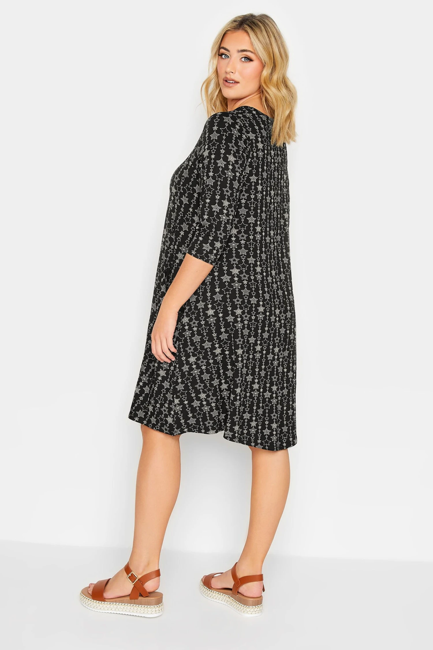 YOURS Curve Black Star Print Drape Pocket Mini Dress - Image 2