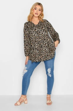 YOURS Curve Black Leopard Print Pleat Front Top
