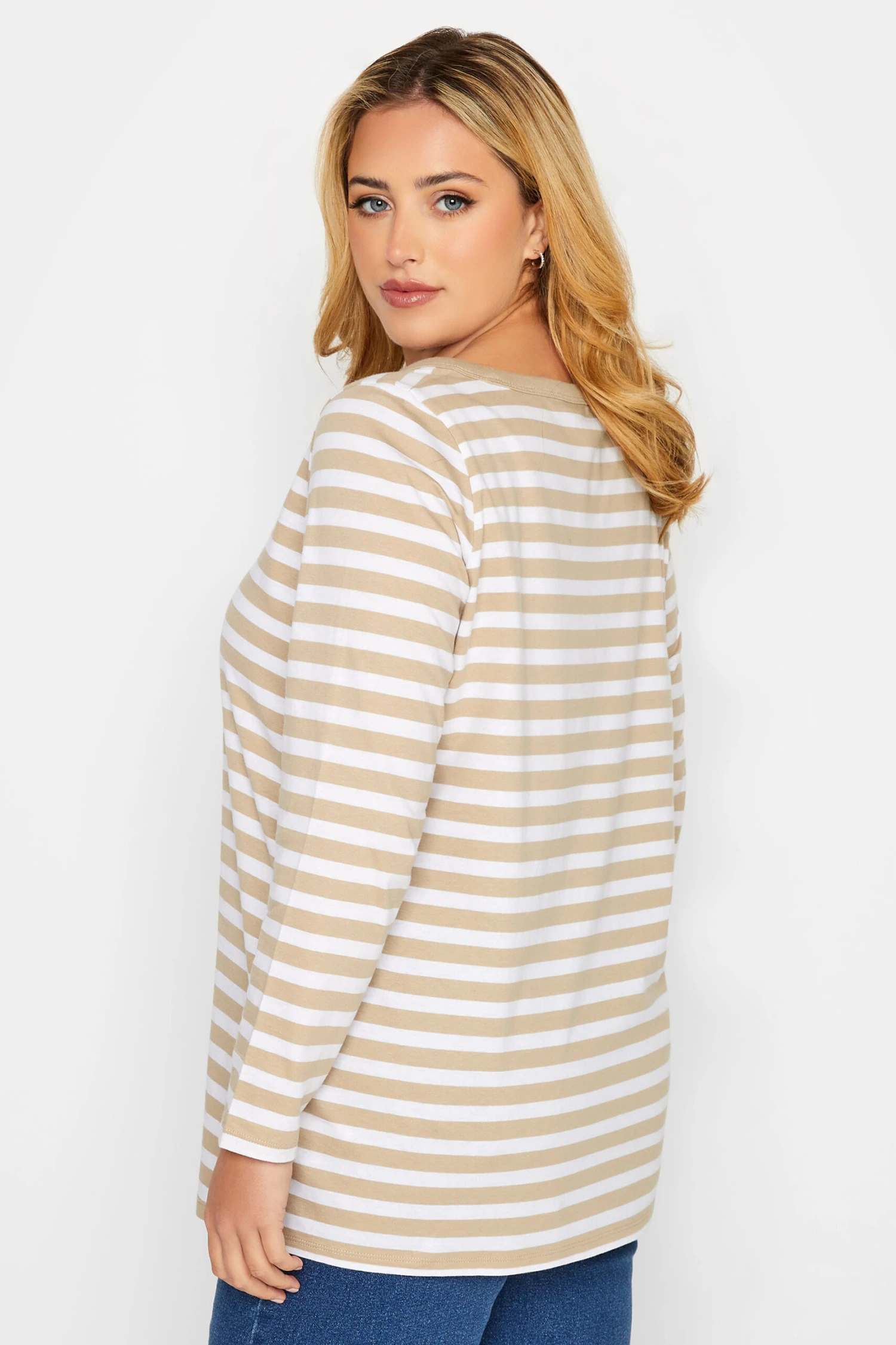 YOURS Curve Beige Brown Stripe Long Sleeve T-Shirt - Image 2