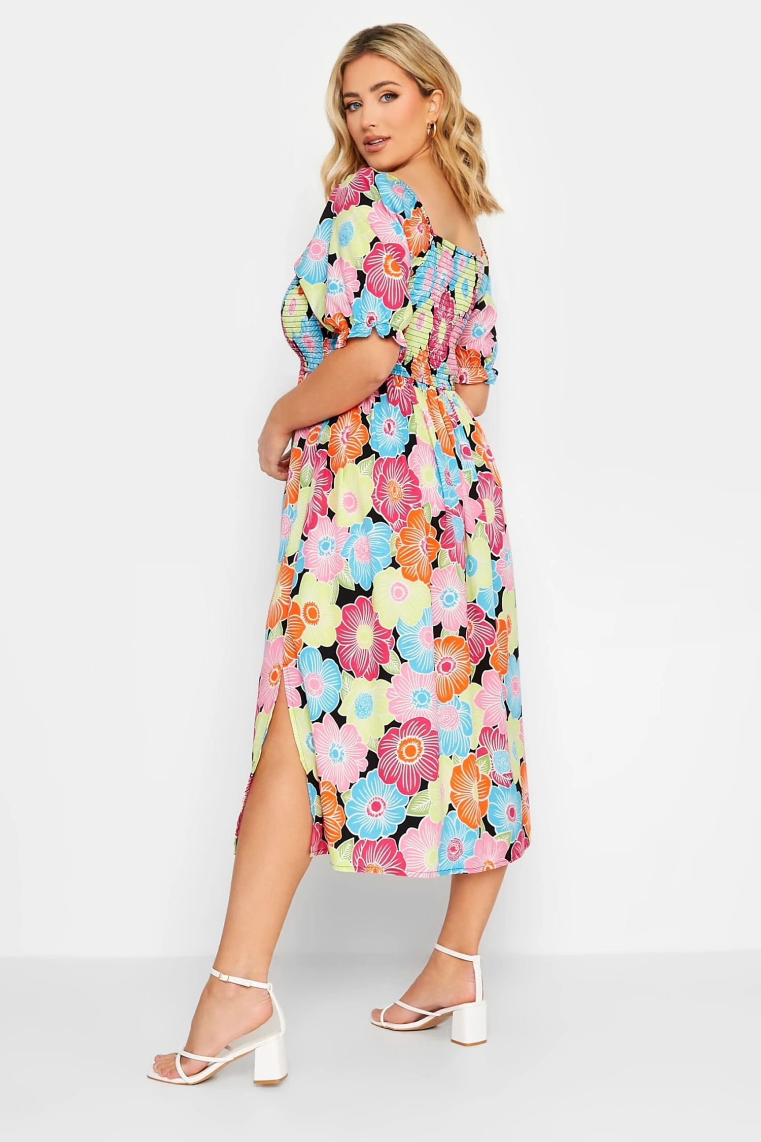 YOURS Curve Pink & Blue Floral Print Shirred Midi Dress - Image 2