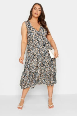 YOURS Curve Black Ditsy Print Wrap Midi Dress