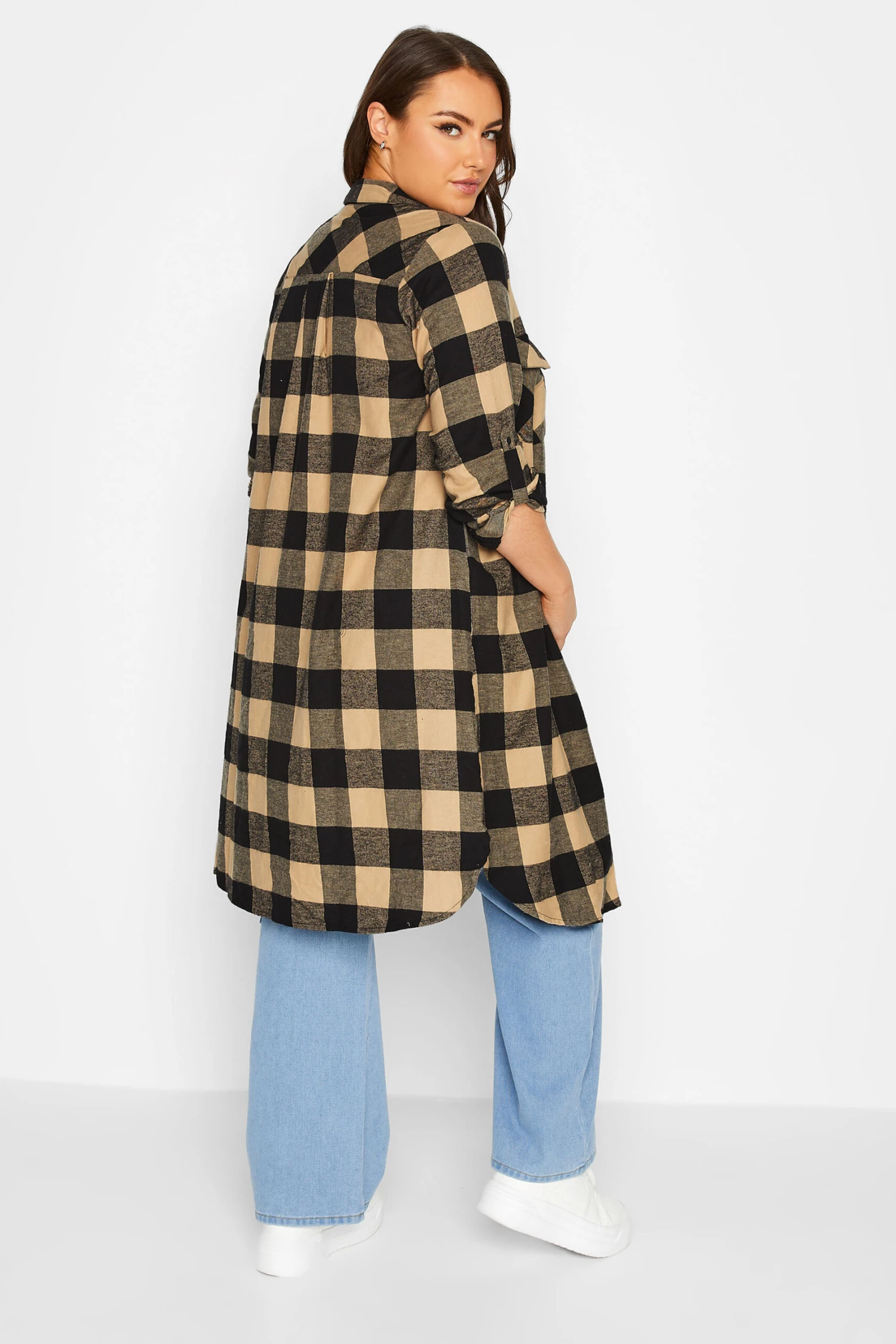 YOURS Curve Beige Brown Check Maxi Shirt - Image 2