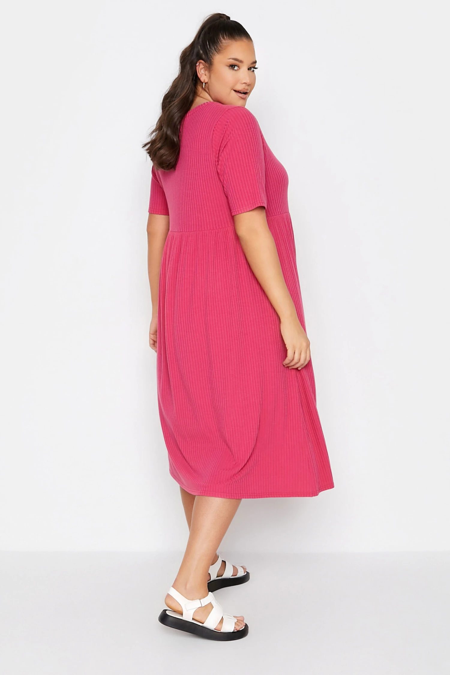 LIMITED COLLECTION Curve Hot Pink Ribbed Peplum Midi Dress - Image 2