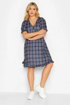 YOURS Curve Blue Check V-Neck Midi Dress