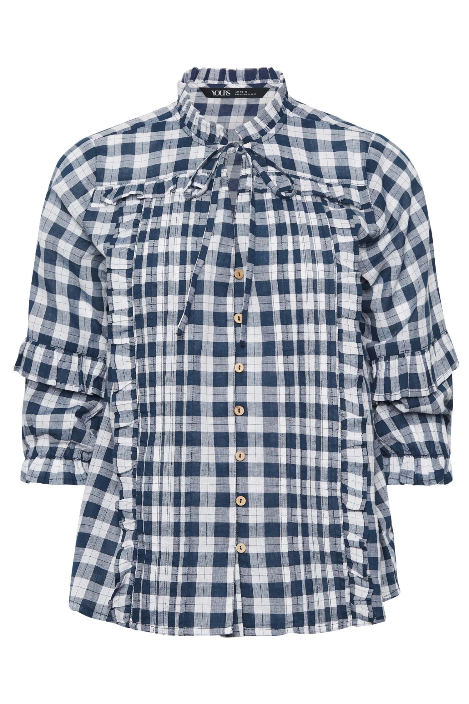 YOURS PETITE Curve Navy Blue Check Frill Shirt - Image 3