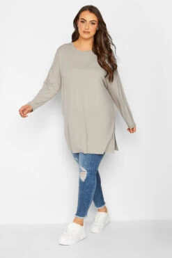 YOURS Curve Beige Brown Side Split T-Shirt