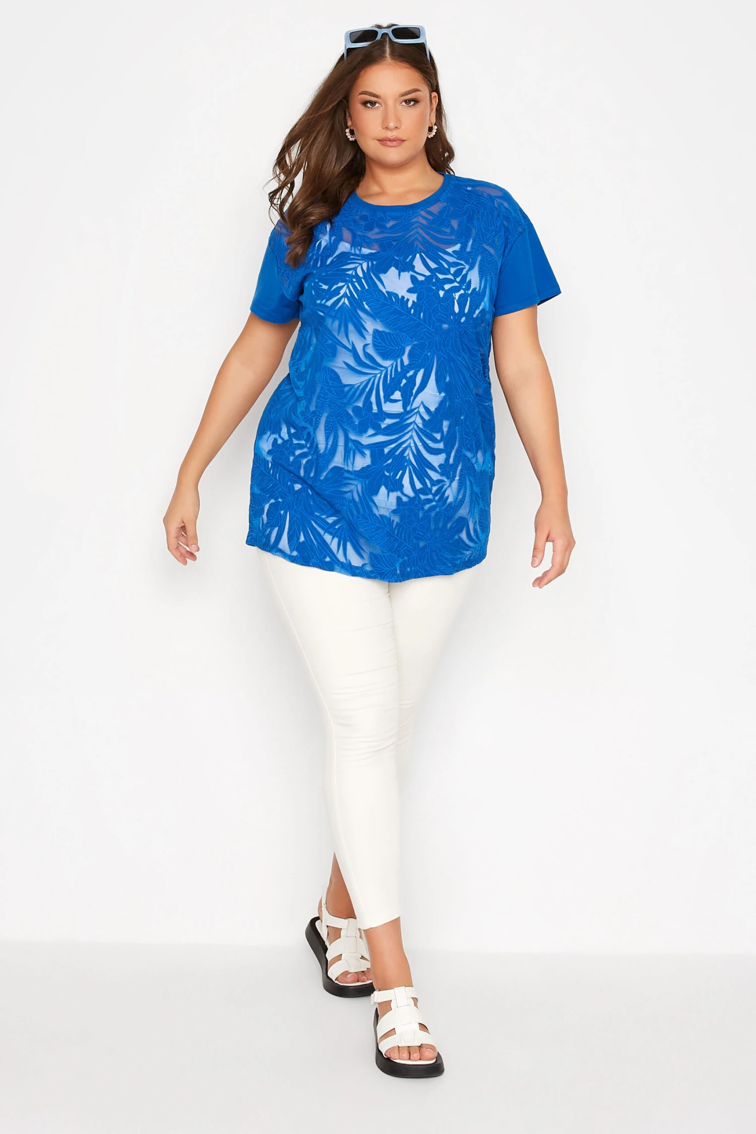 YOURS Curve Blue Tropical Print Mesh T-Shirt