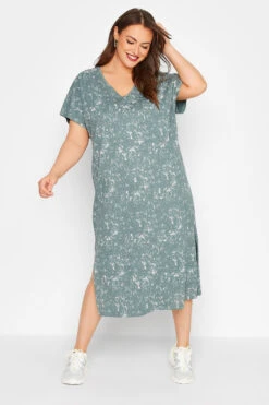 LIMITED COLLECTION Curve Khaki Green Acid Wash Side Split T-Shirt Dress