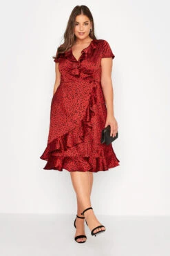 YOURS LONDON Curve Dark Red Dalmatian Satin Wrap Dress