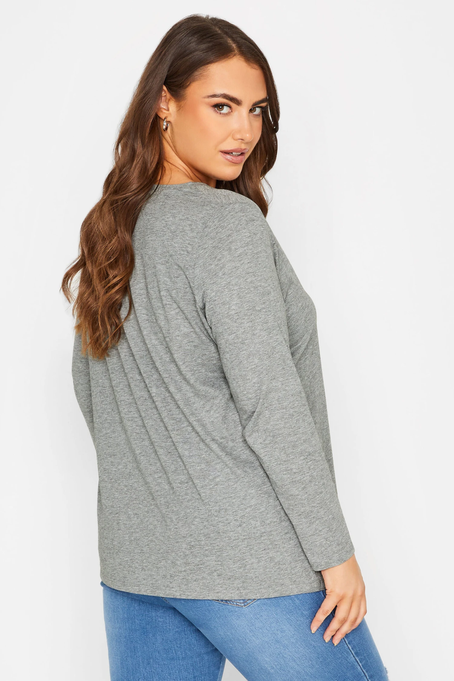 YOURS Curve Grey Marl Long Sleeve V-Neck T-Shirt - Image 2