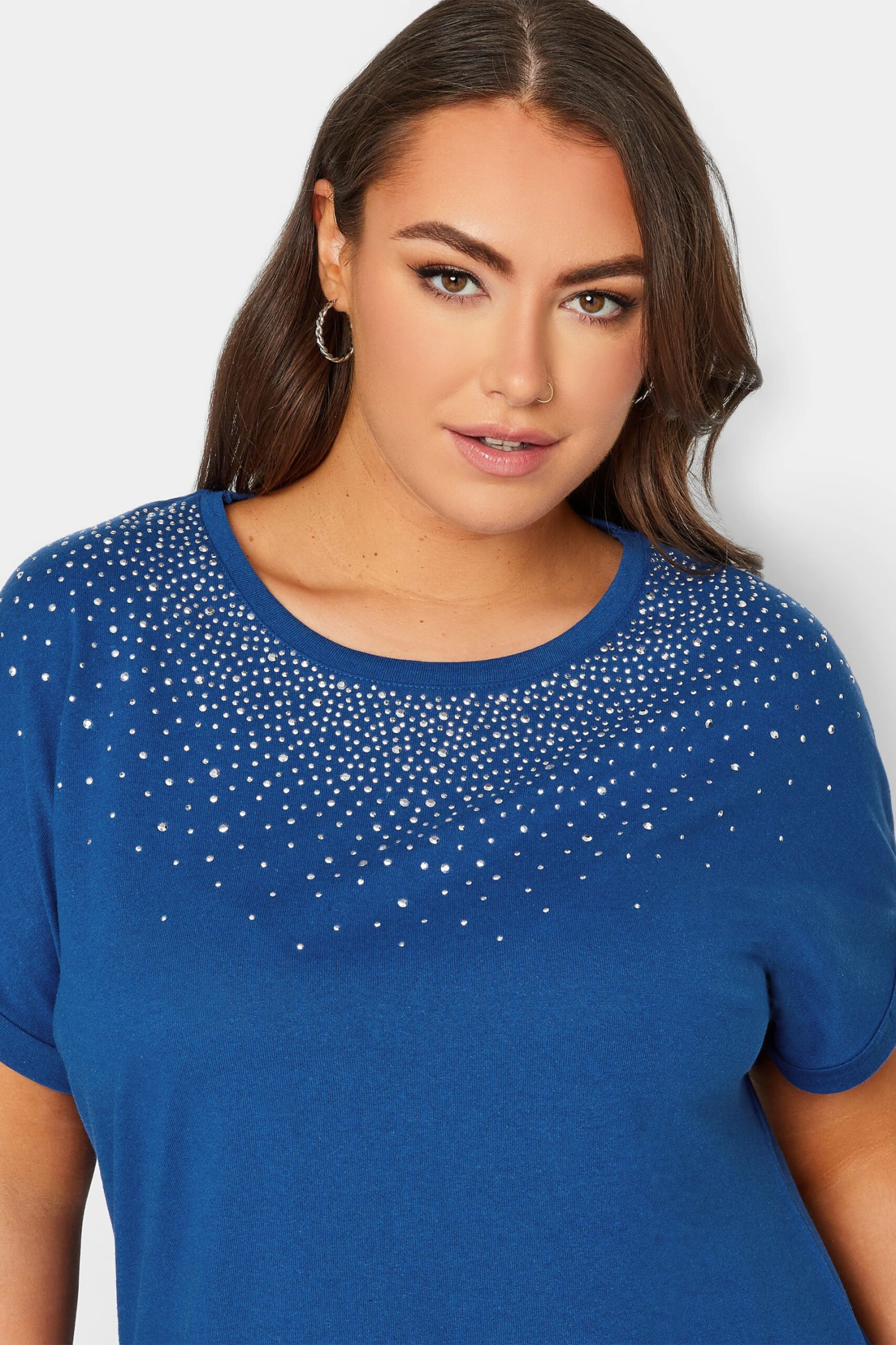 YOURS Curve Cobalt Blue Embellished Neck T-Shirt - Image 3