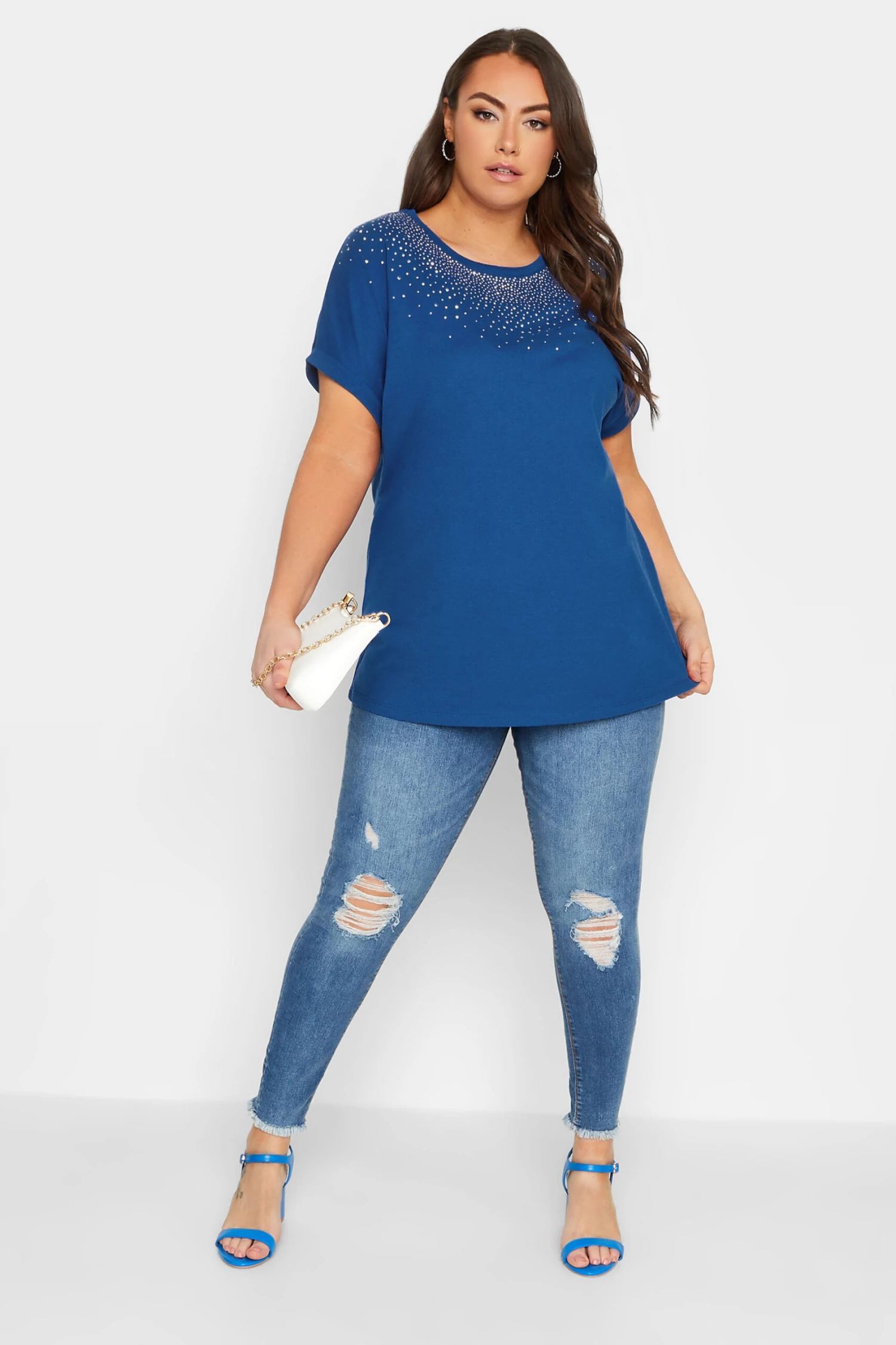 YOURS Curve Cobalt Blue Embellished Neck T-Shirt