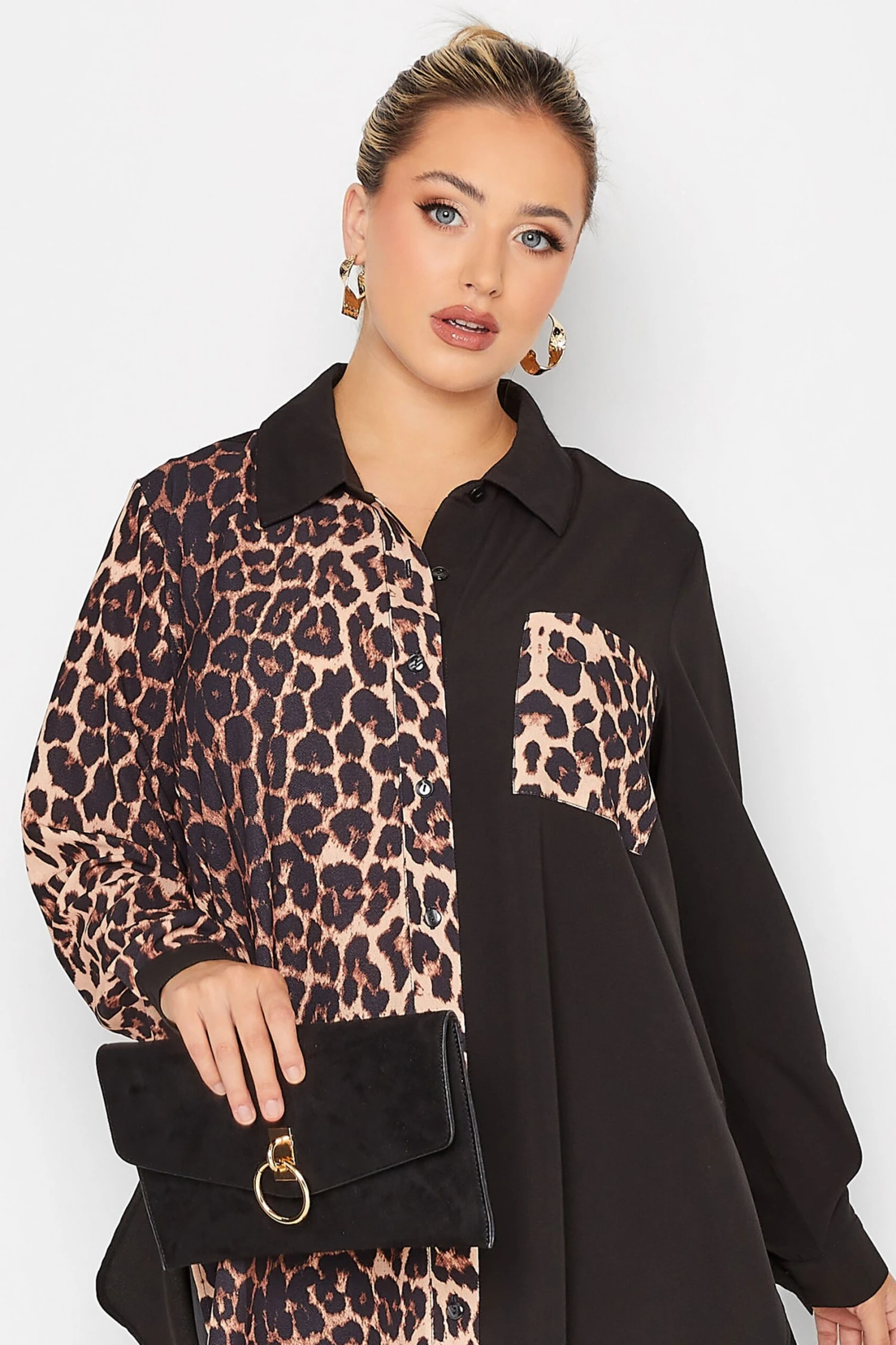 YOURS LONDON Curve Black Leopard Print Half & Half Shirt - Image 3