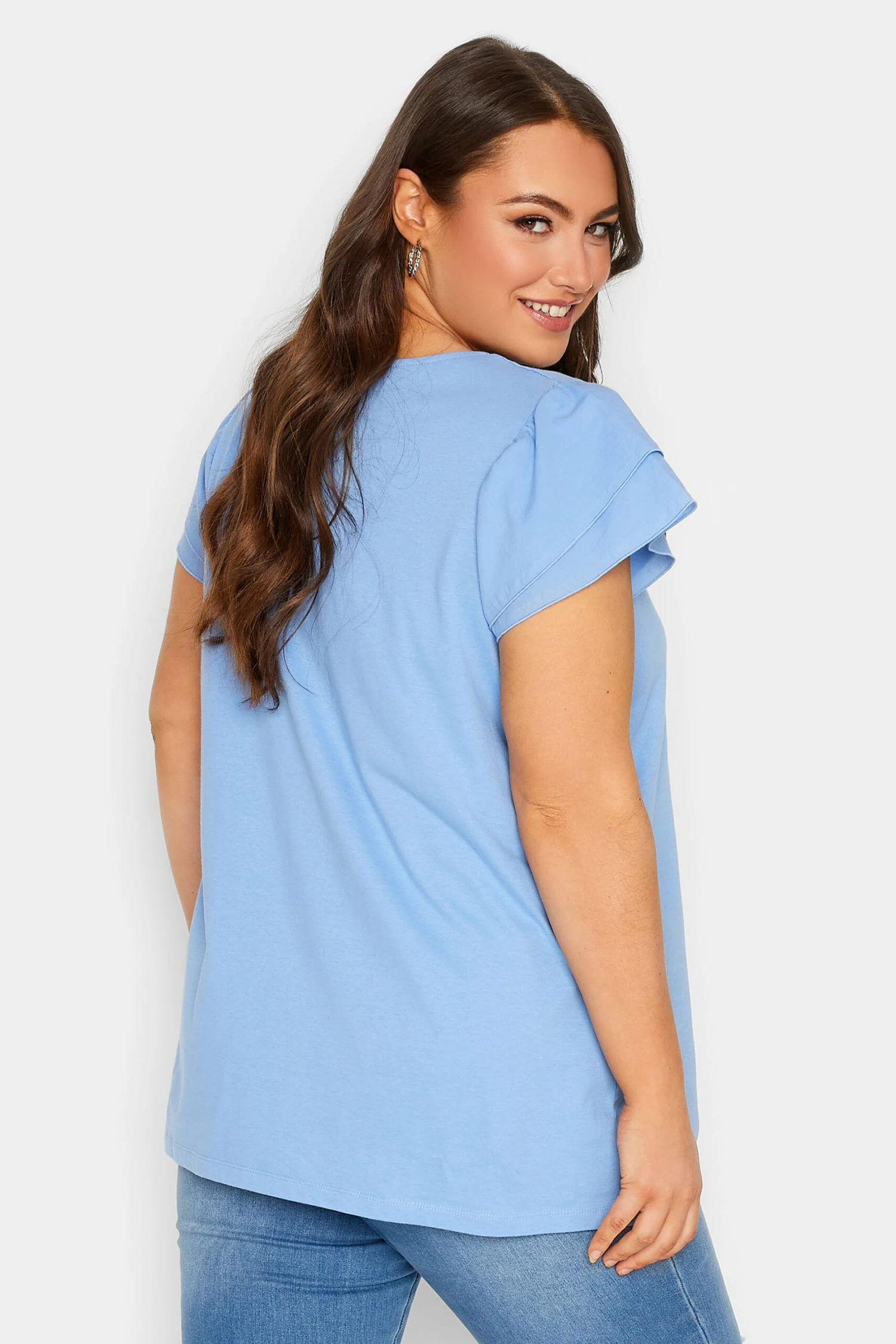 YOURS Curve Blue Frill Sleeve T-Shirt - Image 2