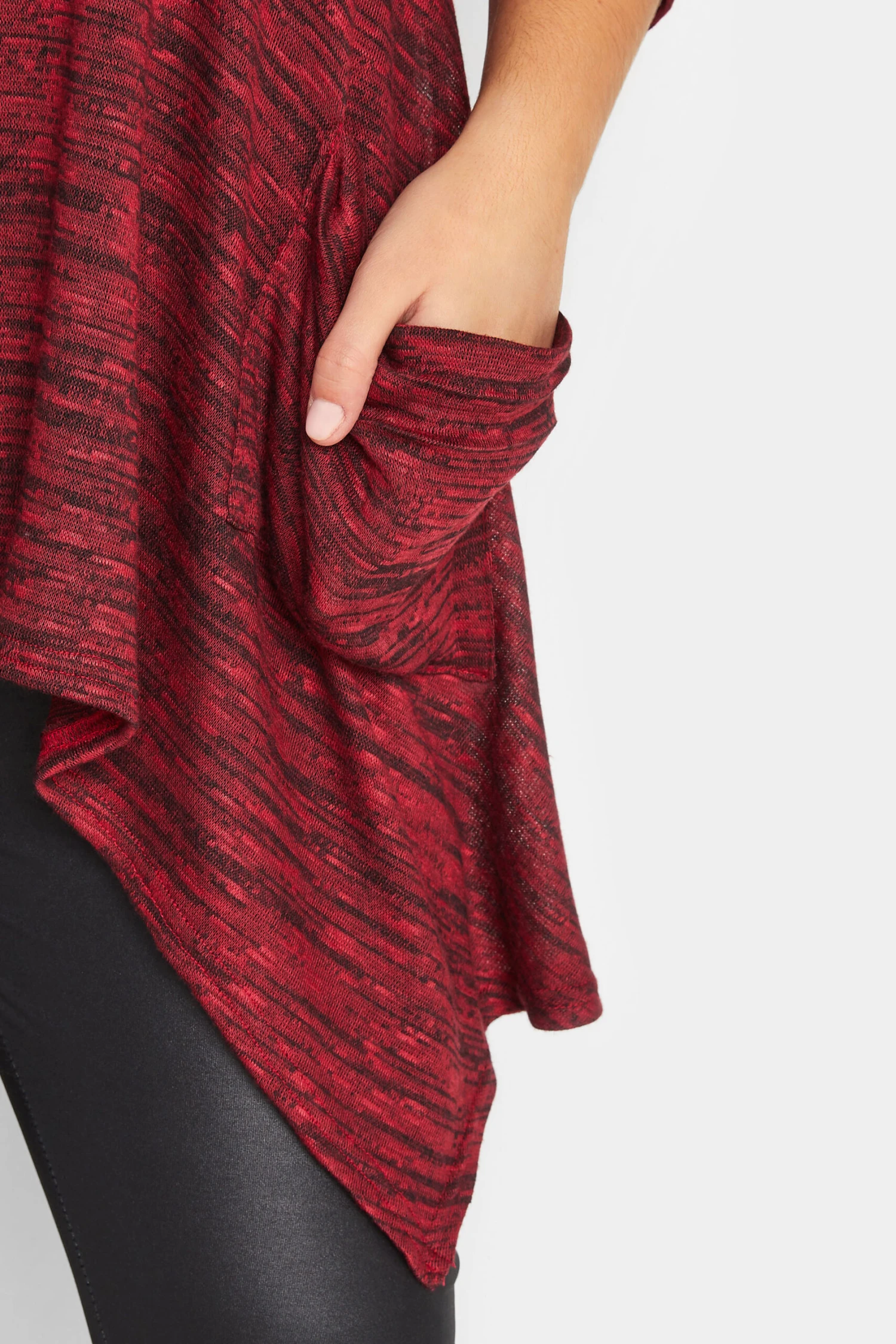 YOURS Curve Red & Black Marl Pocket Hanky Hem Top - Image 3