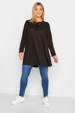 YOURS Curve Black Ribbed Lace Up Swing Top