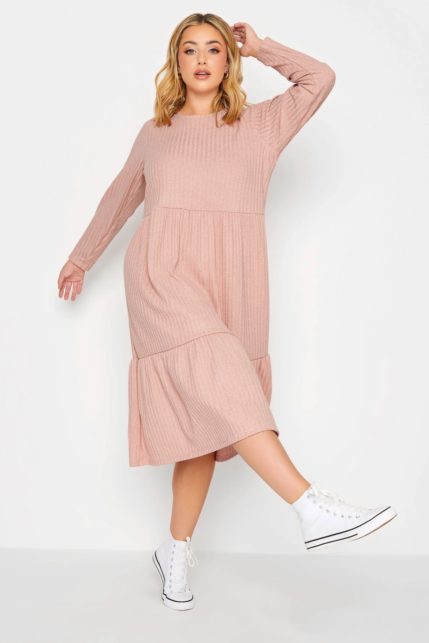 YOURS Curve Pink Ribbed Tiered Midi Dress