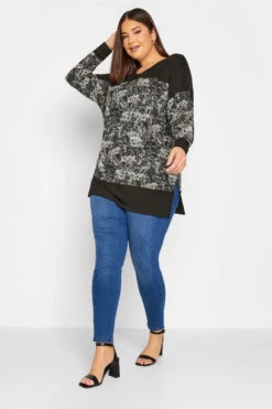 YOURS Curve Black Contrast Print Split Hem Top