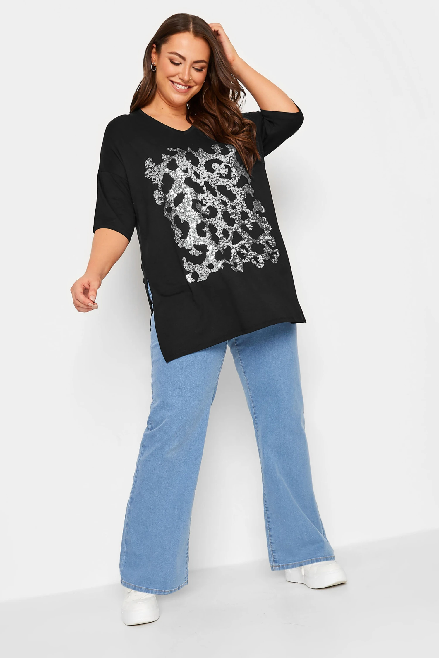 YOURS Curve Black Leopard Print Sequin Top