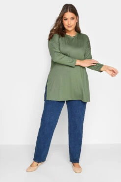 YOURS Curve Khaki Green Side Split Oversized T-Shirt