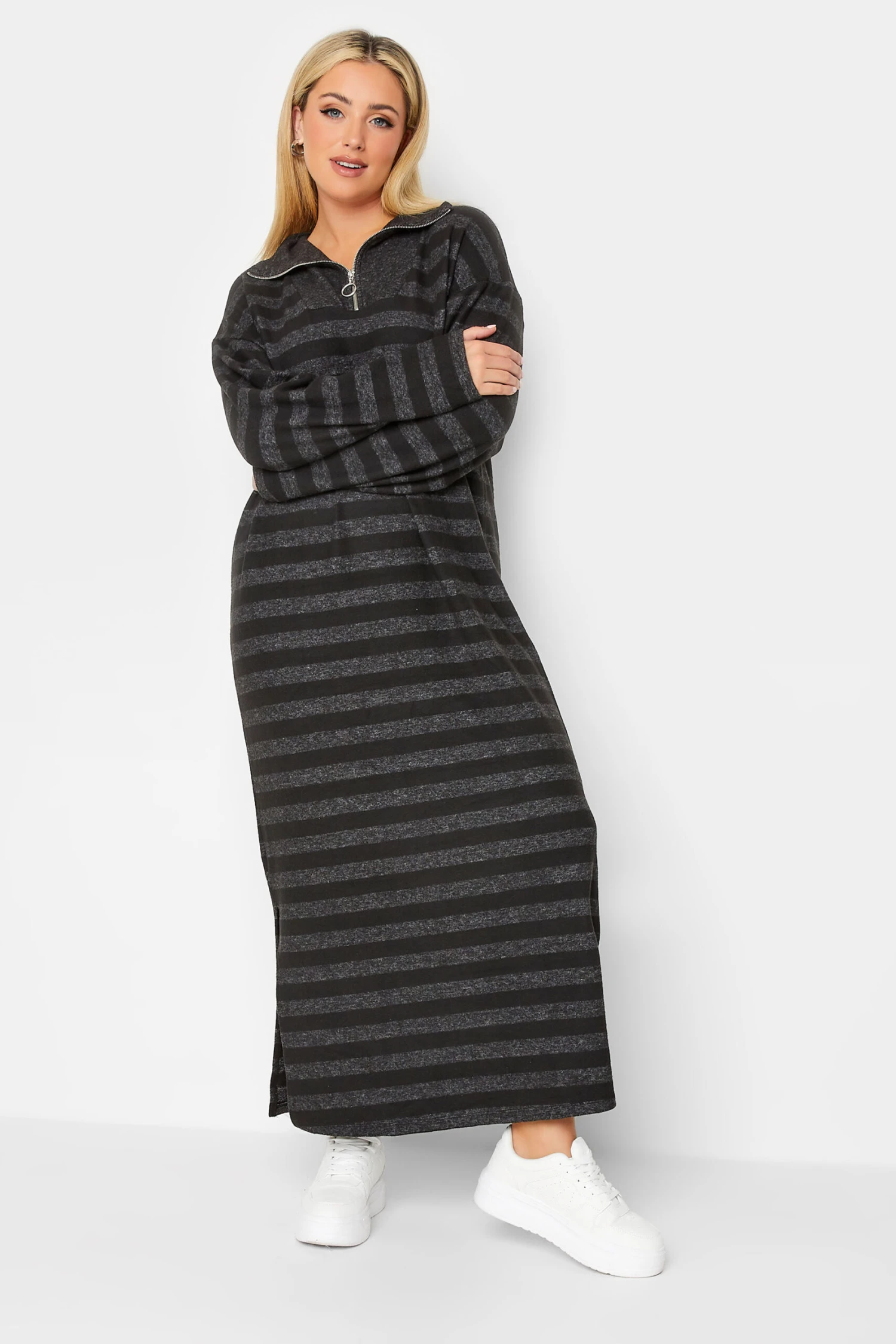 YOURS LUXURY Curve Black Stripe Print Soft Touch Jumper Dress