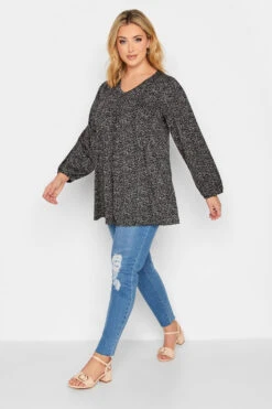 YOURS Curve Black Spot Print Pleat Front Top