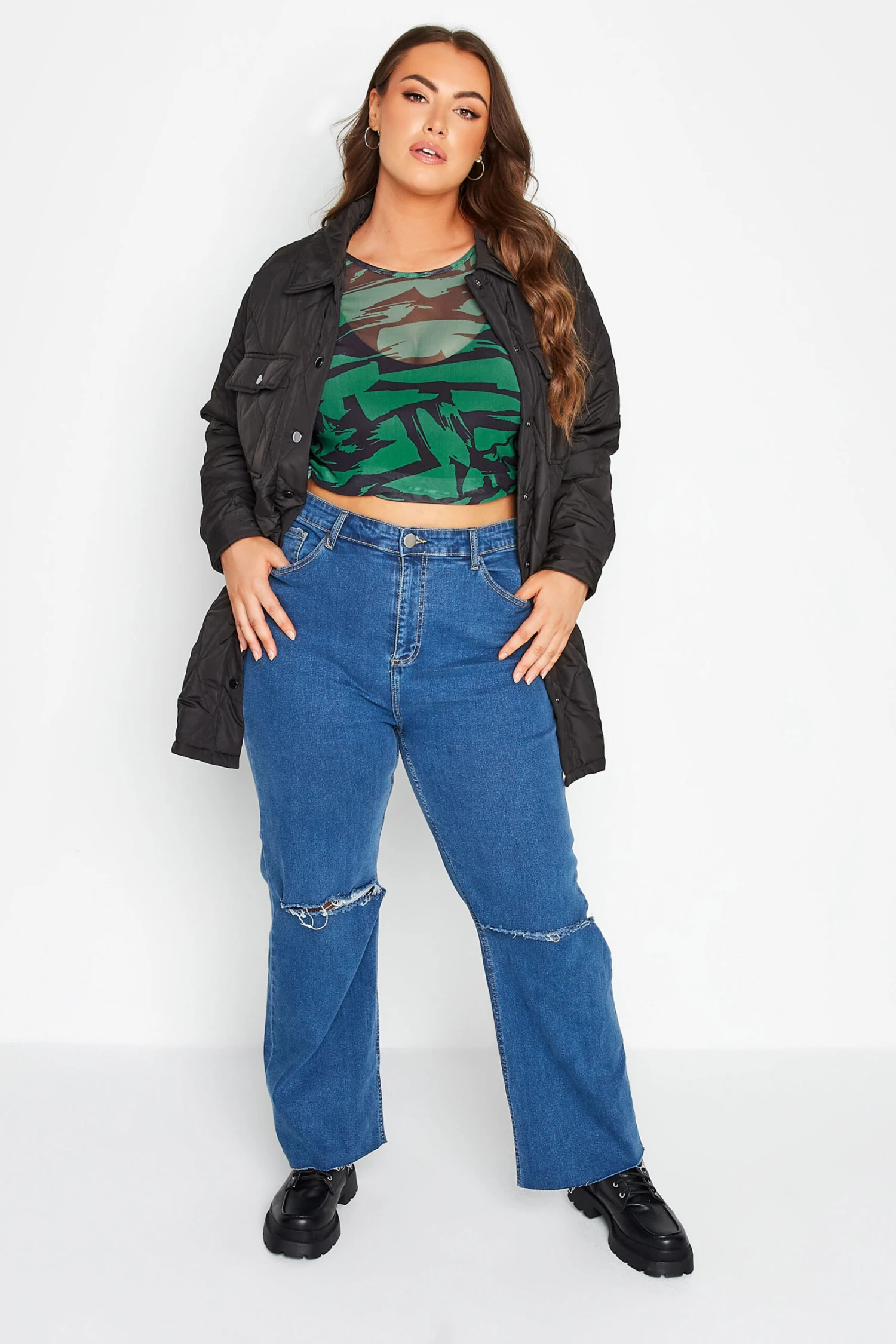 YOURS Curve Green Abstract Print Long Sleeve Mesh Top