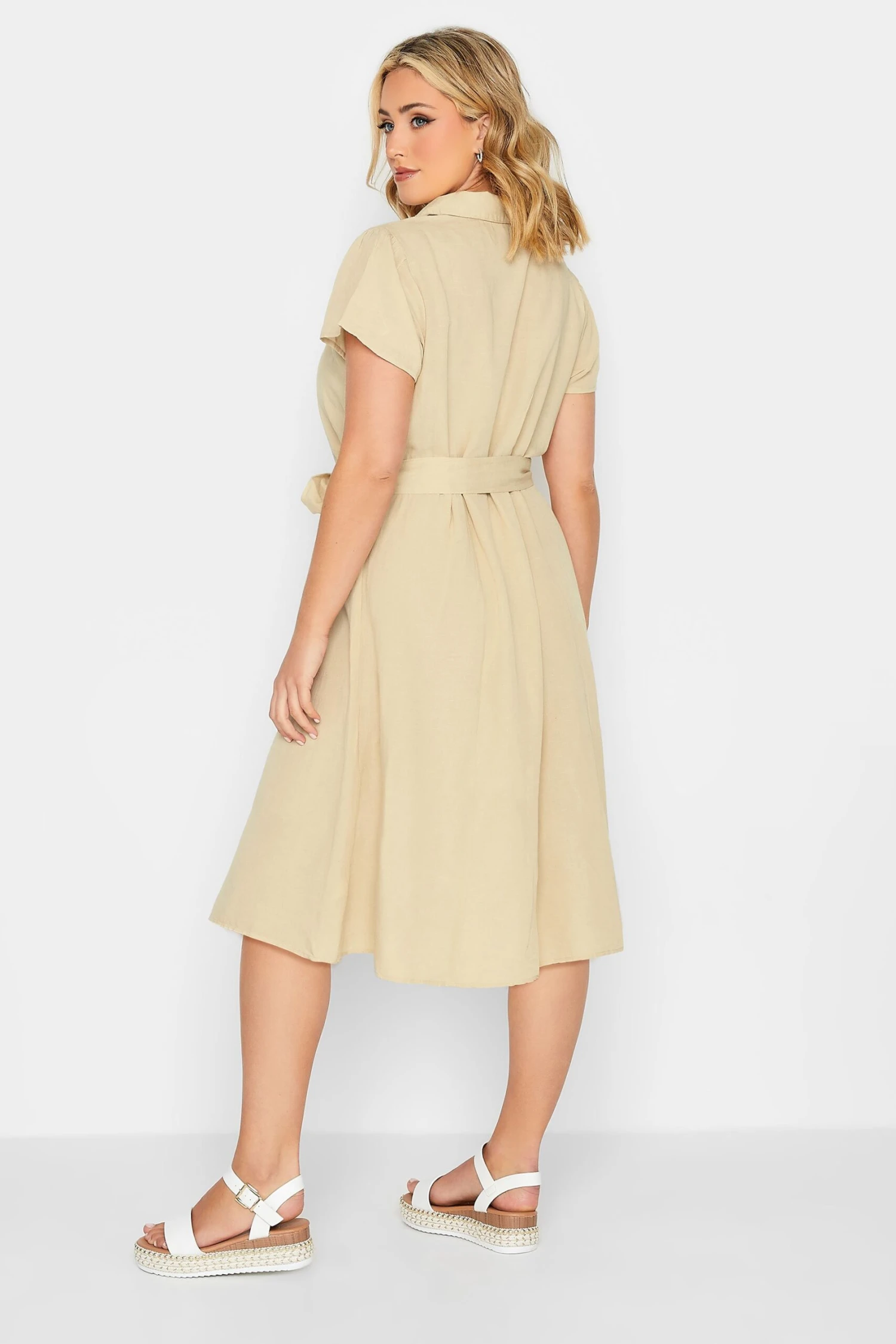 YOURS PETITE Curve Stone Brown Linen Blend Button Through Dress - Image 2