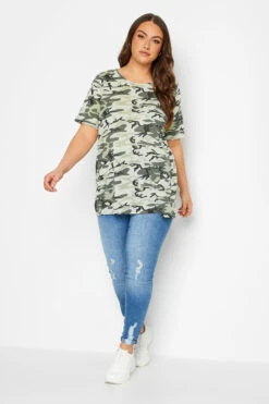 YOURS Curve Khaki Green Camo Print Oversized T-Shirt