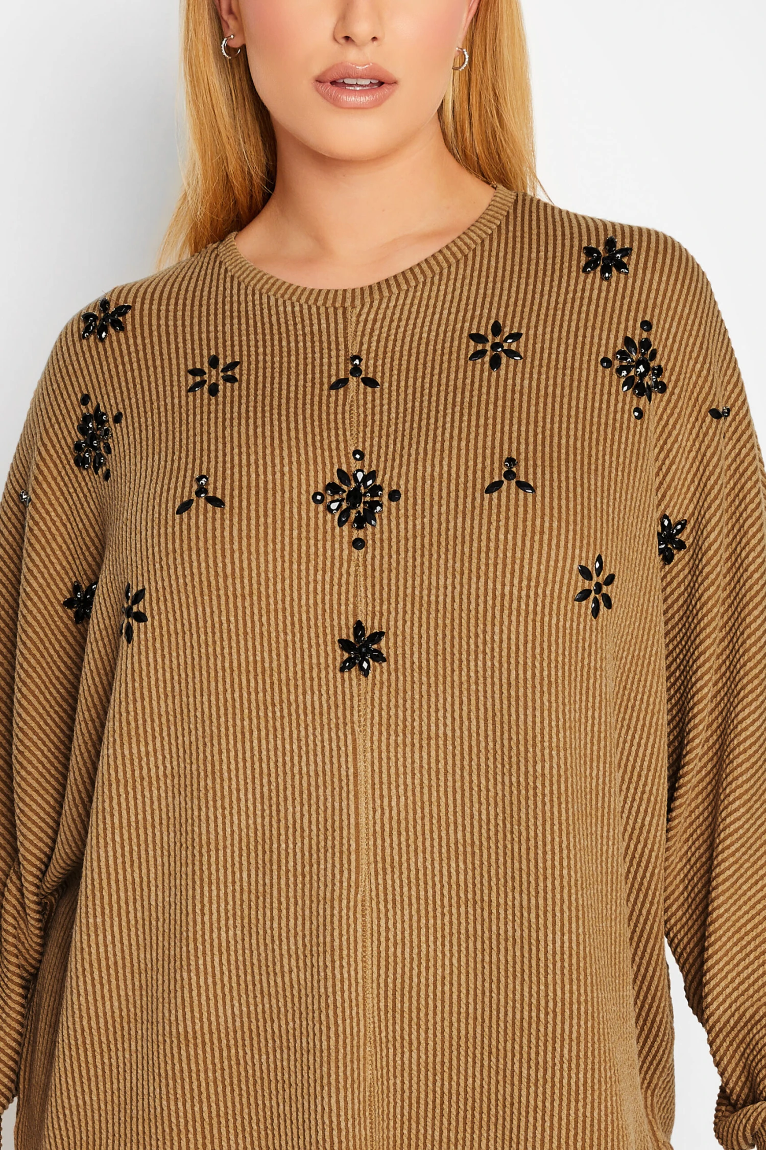 YOURS LUXURY Curve Beige Brown Embellished Ribbed Soft Touch Top - Image 4