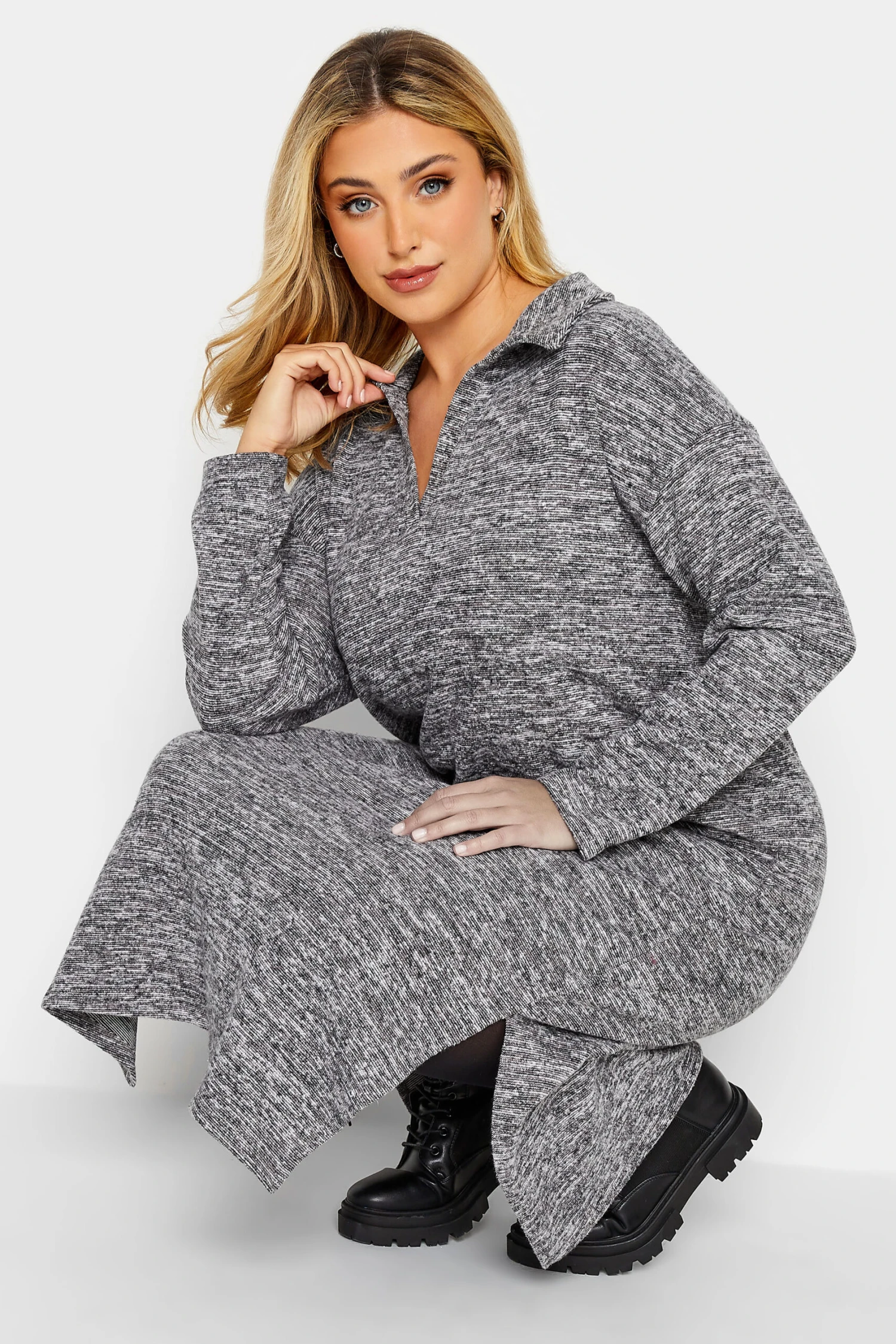 YOURS Curve Grey Marl Textured Soft Touch Open Collar Midi Dress - Image 3