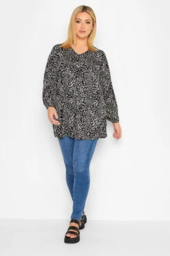 YOURS Curve Black Mixed Animal Print Pleat Front Top