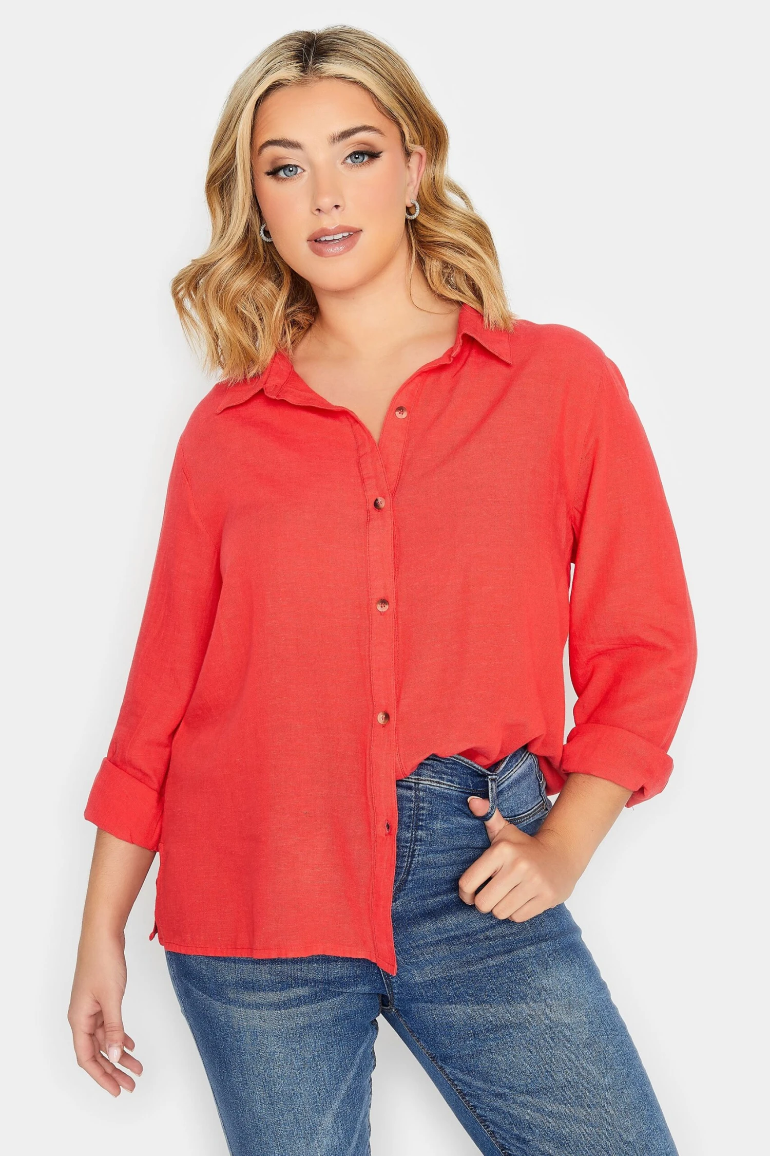 YOURS PETITE Curve Coral Orange Linen Blend Shirt - Image 3
