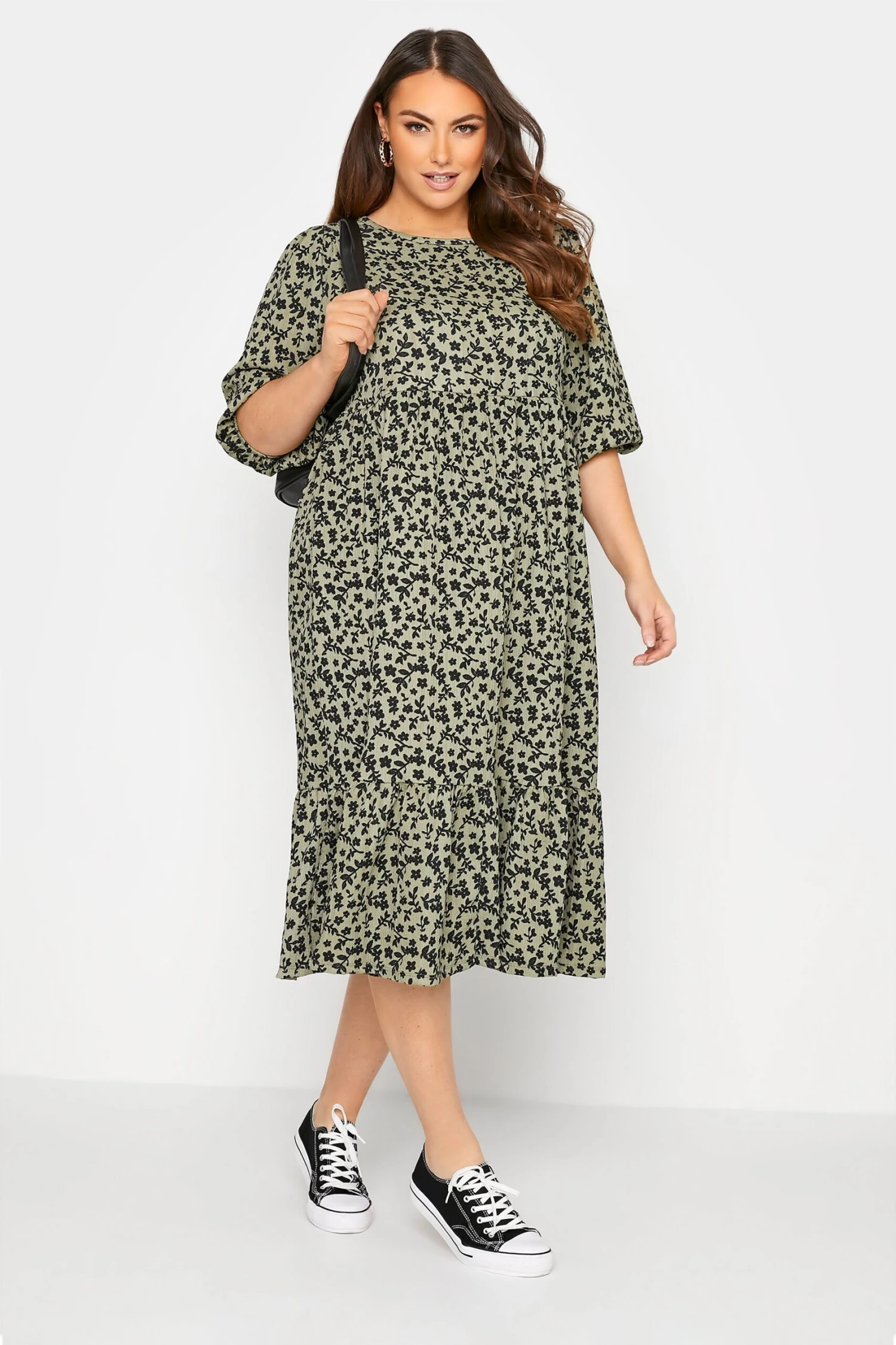 YOURS Curve Khaki Green Floral Print Tiered Midi Dress