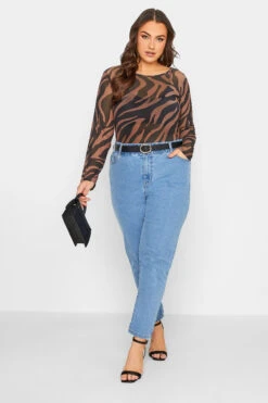 YOURS Curve Black & Brown Zebra Print Long Sleeve Mesh Top