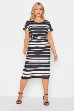 YOURS PETITE Curve Black & White Stripe Knot Midi Dress