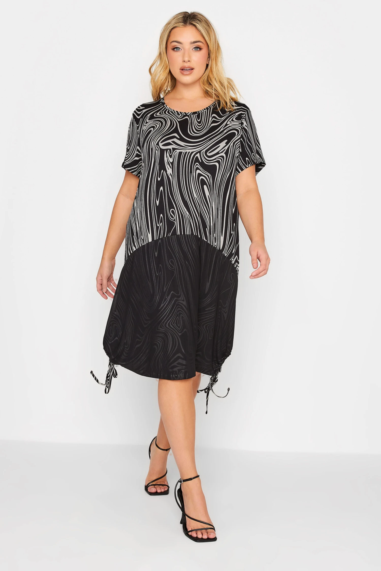 YOURS Curve Black Marble Print Mesh Front Dress - Image 6