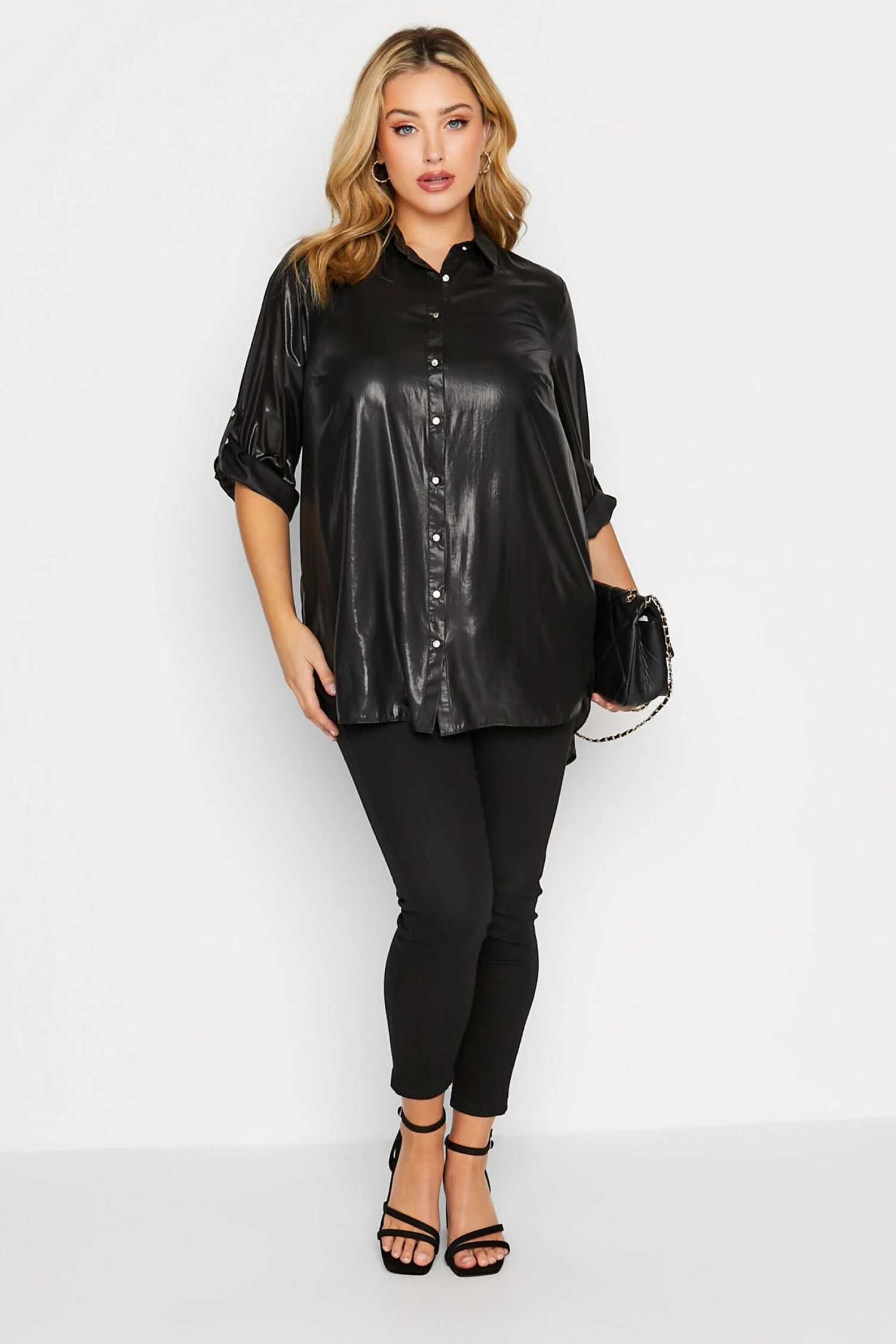 YOURS Curve Black Shimmer Button Through Shirt