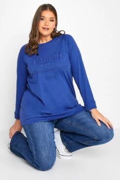 YOURS Curve Cobalt Blue 'J'adore' Embossed Raglan T-Shirt