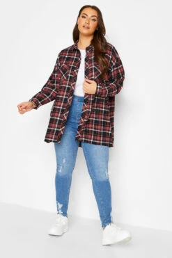 YOURS Curve Red & Black Check Brushed Oversized Boyfriend Shirt