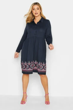 YOURS Curve Navy Blue Aztec Print Midi Shirt Dress