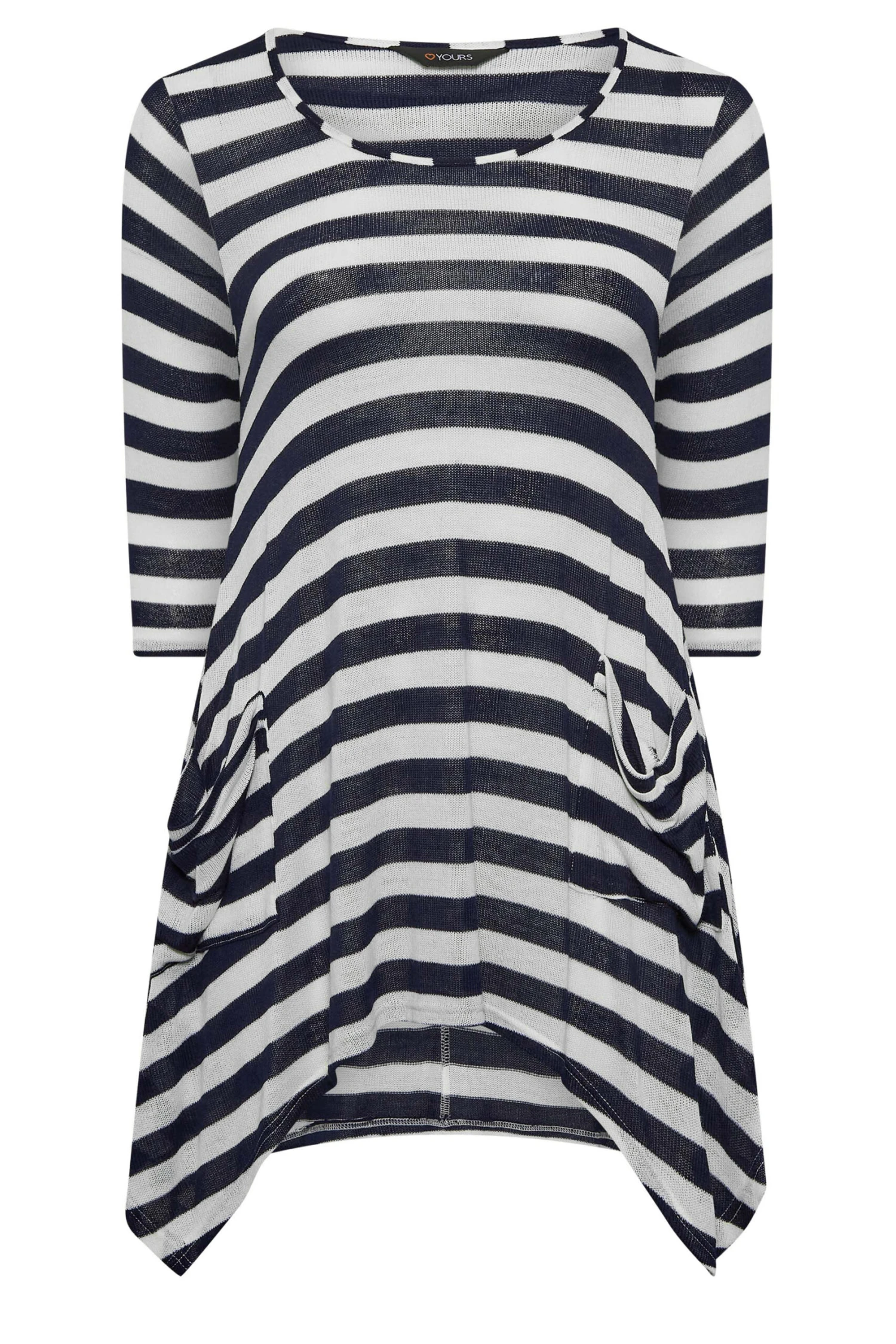 YOURS Curve Navy Blue & White Stripe Knit Hanky Hem Top - Image 5