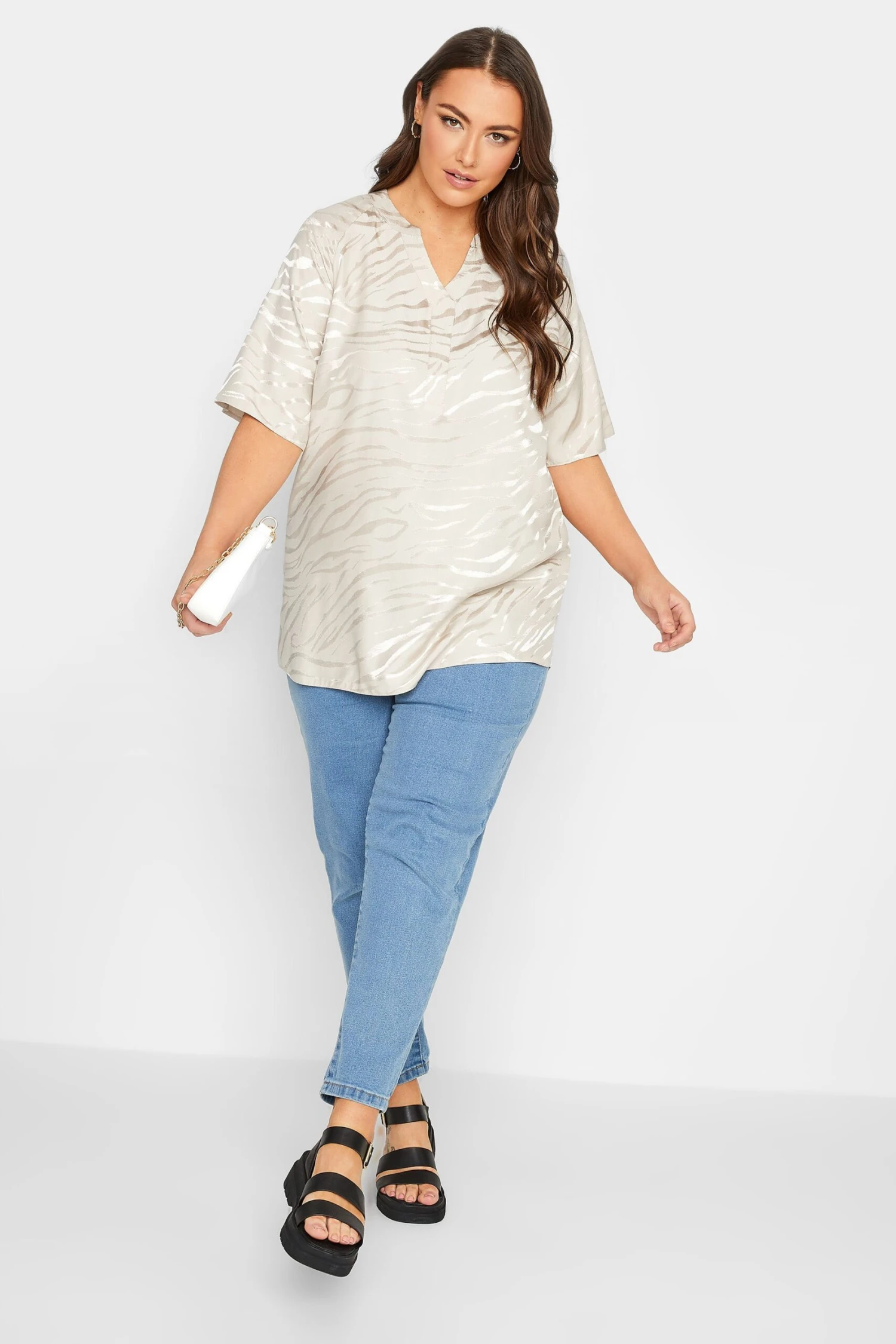 YOURS Curve Cream Animal Print Satin V-Neck Blouse