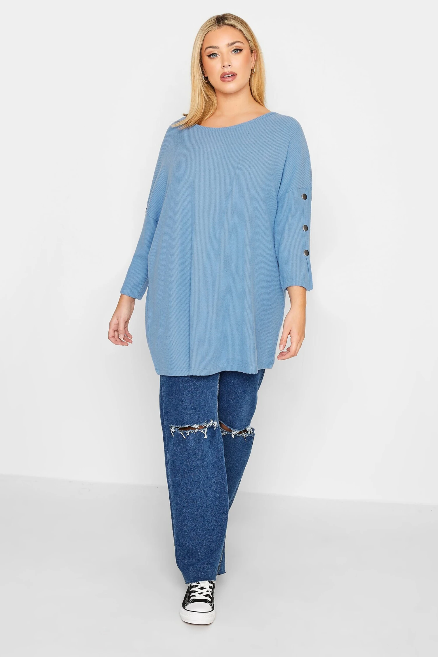 YOURS Curve Light Blue Long Sleeve Button Soft Touch Top