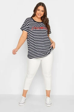 YOURS Curve Navy Blue Stripe 'J'adore' T-Shirt