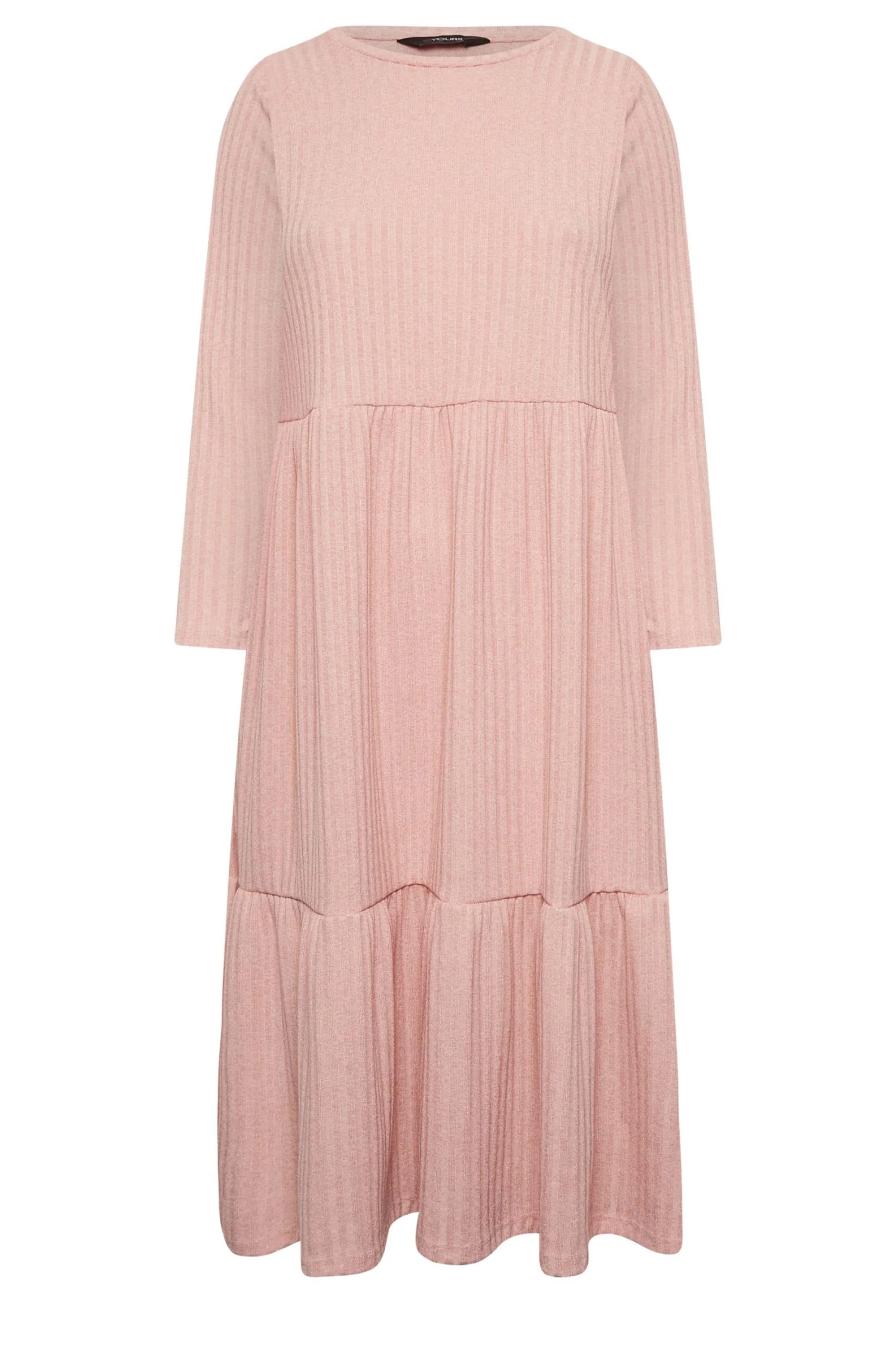 YOURS Curve Pink Ribbed Tiered Midi Dress - Image 5